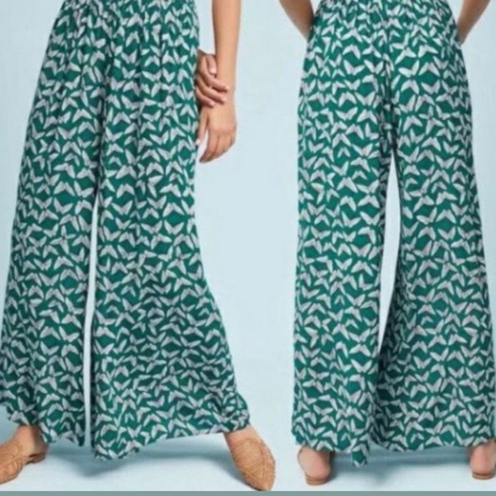 Maeve Green and White Leaf Print Wide-Leg Pants